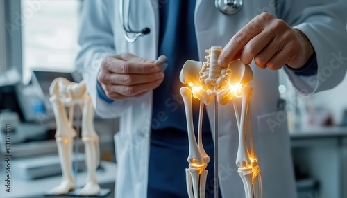 An orthopedic surgeon explaining joint replacement options, glowing models of knee and hip joints visible in the background
