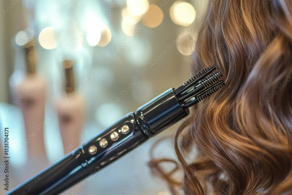 Naklejka premium Close-up of a hot air brush styling long brown wavy hair.