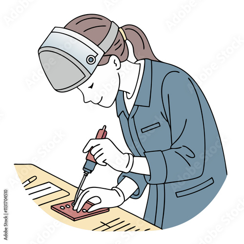 Female character performing soldering work in a workshop during daylight hours