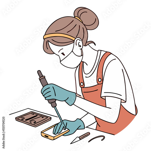 Female character soldering components while focused in a workshop environment