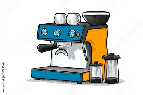 A clean illustration of an espresso machine, grinder, and portafilter arranged on a white backdrop photo