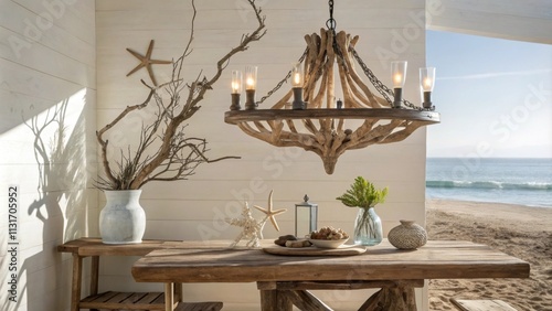 A stunning driftwood chandelier hangs gracefully above the table its organic form casting intricate shadows on the walls enhancing the beachinspired theme. photo