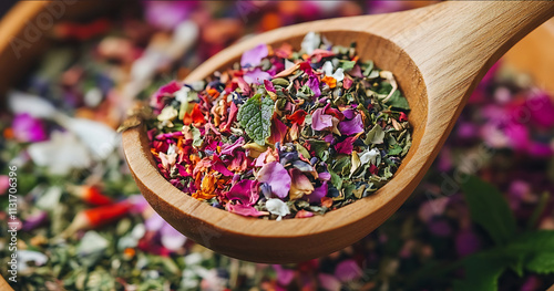 A wooden spoon with loose tea leaves of various colors and shapes is being held above the bowl about to be poured in The leaves include pink rose petals purple flow