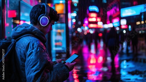An upper-body shot of a casual city dweller wearing modern wireless headphones, glancing at their smartphone amidst the vibrant glow of neon-lit street signs and wet pavement reflections, set in a qui