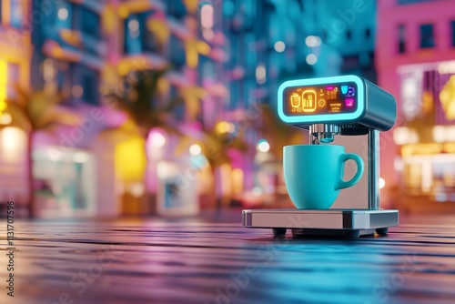 A futuristic espresso machine with holographic controls brewing a glowing shot in a sci-fi cafe photo