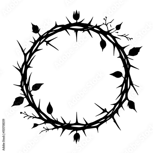 Crown of Thorns Wreath: A symbolic illustration of a crown of thorns, a circular design with sharp thorns and leaves, perfect for religious, gothic, or artistic projects.  