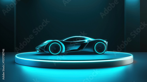 3D Icon of a Glowing Car on a Podium with Blue and Black Color Scheme, Simple Design, High Resolution, Vector Illustration