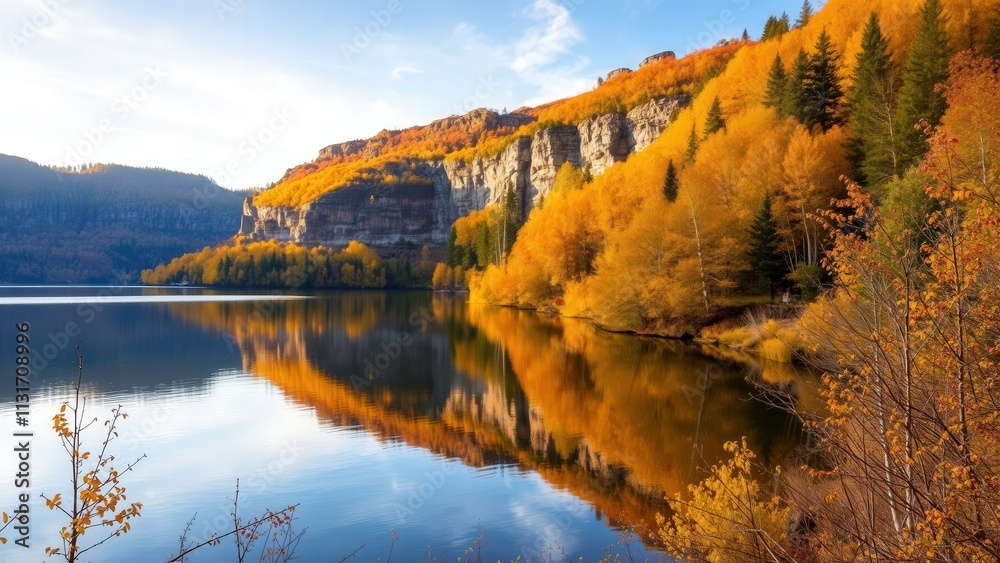 Fototapeta premium Autumn Reflections: A Serene Lake with Vibrant Fall Colors, Perfect for Nature Lovers and Home Decor