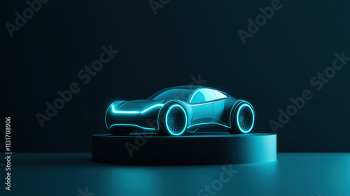 3D Icon of a Glowing Car on a Podium with Blue and Black Color Scheme, Simple Design, High Resolution, Vector Illustration