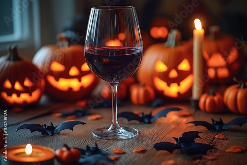 Halloween wine night scene. Glass of red wine stands on wooden table surrounded by carved pumpkins. Halloween decorations like bats and candles enhance spooky theme. Festive atmosphere. photo