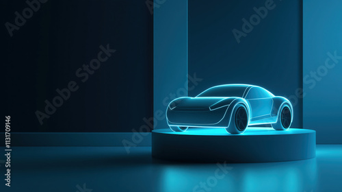3D Icon of a Glowing Car on a Podium with Blue and Black Color Scheme, Simple Design, High Resolution, Vector Illustration