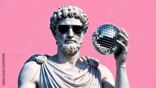 Marble antique man with discoball. Greek, roman male sculpture in sunglasses with party accessories. Creative playful composition