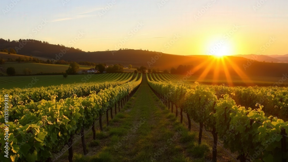 Fototapeta premium Golden Sunset Over Vineyard: Perfect for Wine Enthusiasts and Nature Lovers