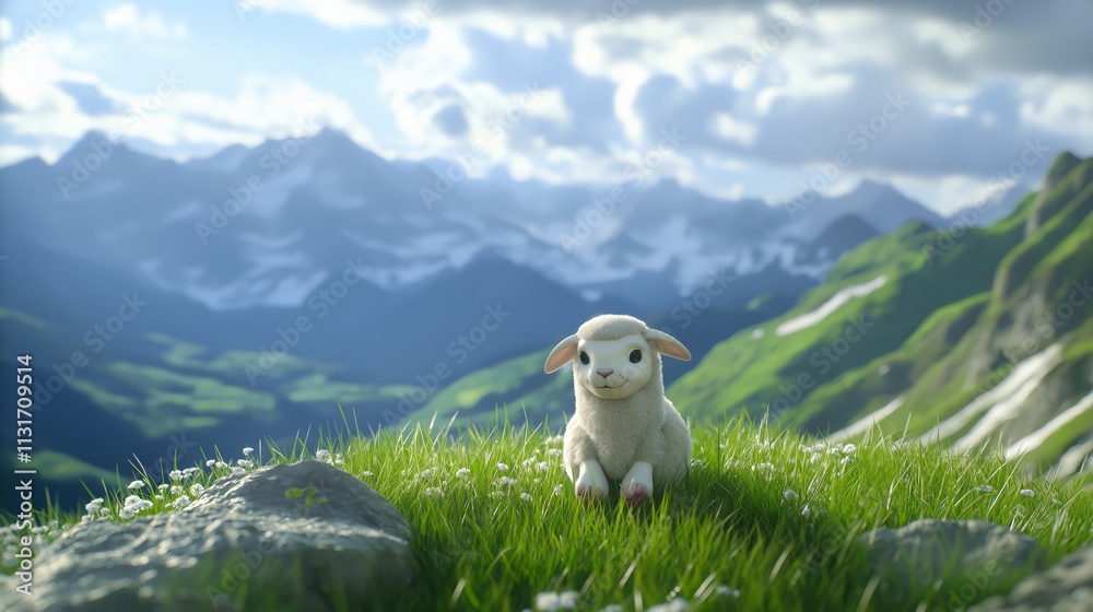 Fototapeta premium Adorable Lamb in a Mountain Meadow