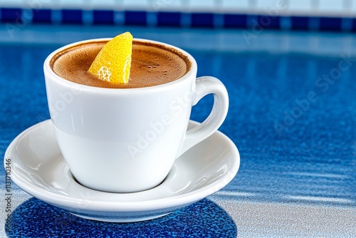 A shot of a single espresso on a saucer, served with a lemon twist on the side photo