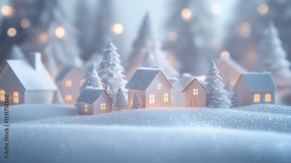 Naklejka premium Illuminated paper village in snowy winter scene.