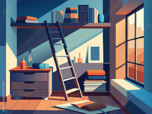 fullpage colorful illustration of a corner of the bedroom with a ladder shelf holding neatly folded blankets.