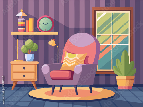 fullpage colorful illustration of a cozy seating area in a bedroom with a plush chair and a small side table.