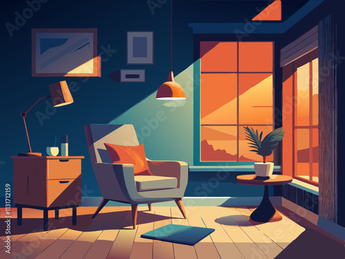 fullpage colorful illustration of a cozy seating area in a bedroom with a plush chair and a small side table.