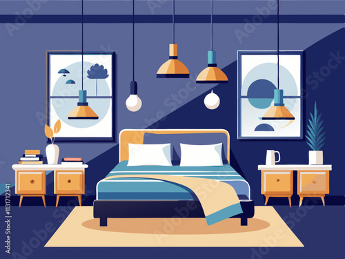 fullpage colorful illustration of a modern Scandinavian bedroom with hanging pendant lights above the bedside tables.