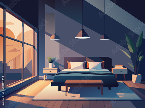 fullpage colorful illustrationo fo a Scandinavian bedroom featuring a bench at the foot of the bed and soft accent lighting.