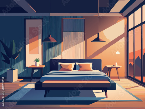 fullpage colorful illustrationo fo a Scandinavian bedroom featuring a bench at the foot of the bed and soft accent lighting.