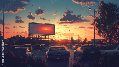 Classic drive-in movie night. Goldenhour. Illustration