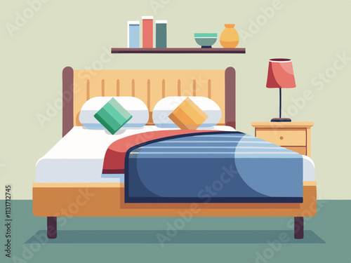 fullpage colorful illustrationo fo a Scandinavian bed with a single neutral-colored throw pillow and a simple bedspread.