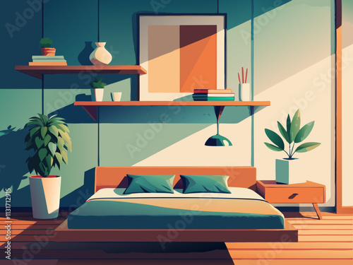 fullpage colorful illustrationo fo a small wooden shelf above the bed displaying minimal decor and a small potted plant.