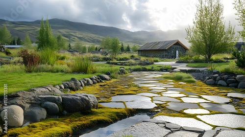 Reykjavik geothermal garden with hot springs and mossy rocks, unique Icelandic retreat photo