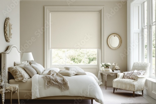 Elegant bedroom with beige roller blind, large window, and comfortable bedding.