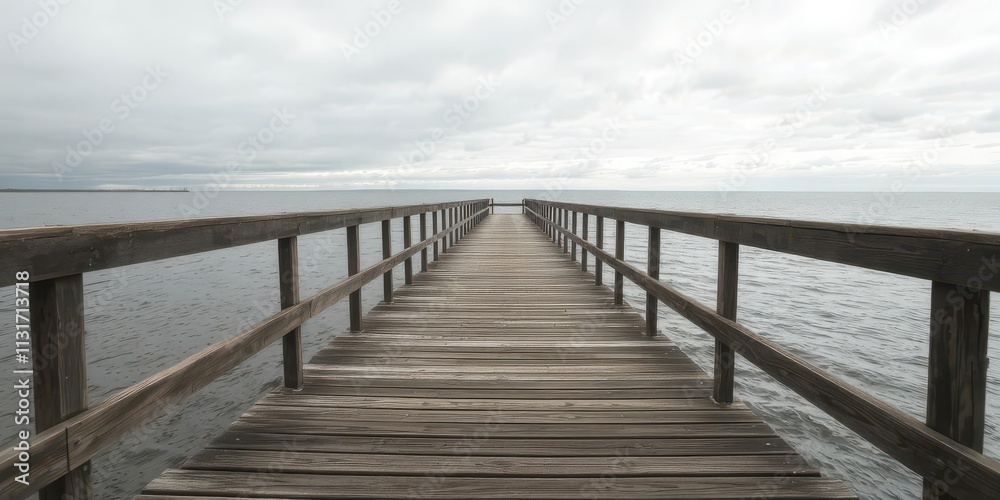 Fototapeta premium Empty wooden pier stretching out towards calm sea under a cloudy sky, nature