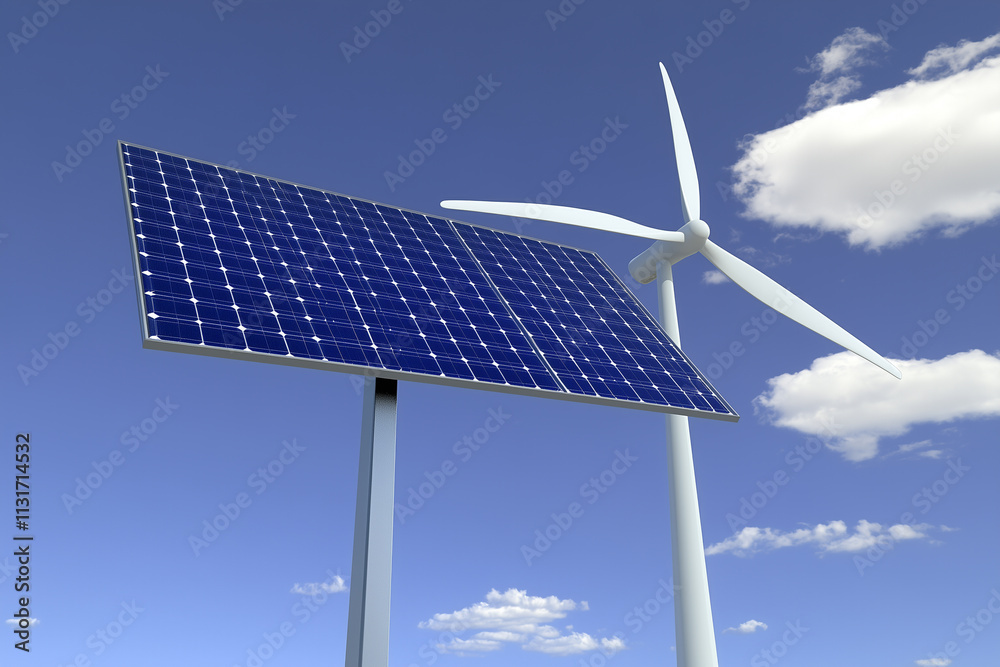 Obraz premium Modern Renewable Energy Systems Featuring Solar Panels and Wind Turbines Under Clear Skies for Sustainable Power Generation Solutions