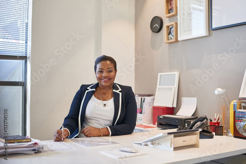 Tableau sur toile Portrait, administration and woman in office, ambitious and archivist with documents and smile