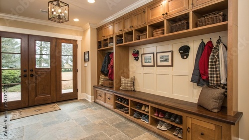 A charming entryway with builtin seating and cubbies for shoes and outdoor gear fostering an organized environment. photo