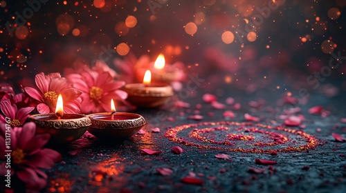 Diwali Candles, Flowers, Festive Lights photo