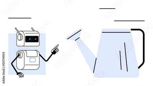 Robot with antennas and screens for eyes pointing at light blue watering can. Ideal for technology, gardening, interaction, innovation, futuristic themes, agriculture, automation. Line metaphor