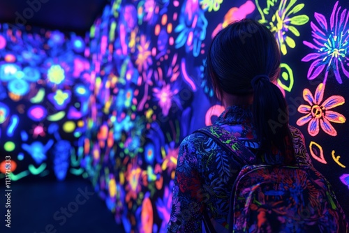 Woman Admiring Neon Graffiti Art in Immersive Dark Room photo