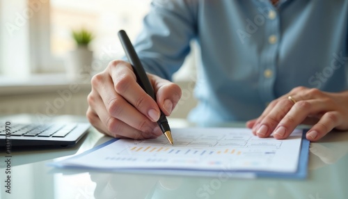 Person reviewing online reviews. Individual evaluating data on document. Assessment, auditing process. Person reviews business evaluation data. Focused business person examining data. Examining