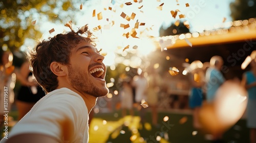 Man joyfully celebrates a momentous occasion outdoors, engulfed in a shower of confetti, with radiant sunlight illuminating the festive atmosphere around him.
