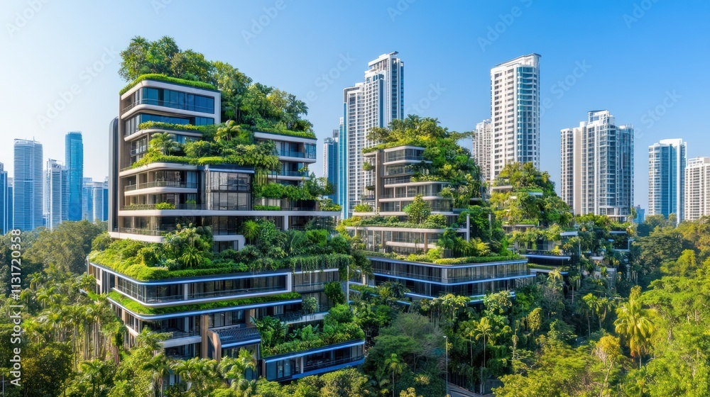 Obraz premium Lush green vertical gardens on modern high-rise buildings in a city skyline. Lush, sustainable, eco-friendly, urban