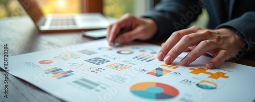 Person examines rebranding plan with graphics, charts. Detailed visual presentation of brand transformation strategy. Business person reviews brand evolution examples, diagrams. Strategic planning in photo