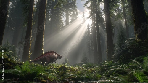 Prehistoric dinosaur in a lush forest with sunlight streaming through the canopy.