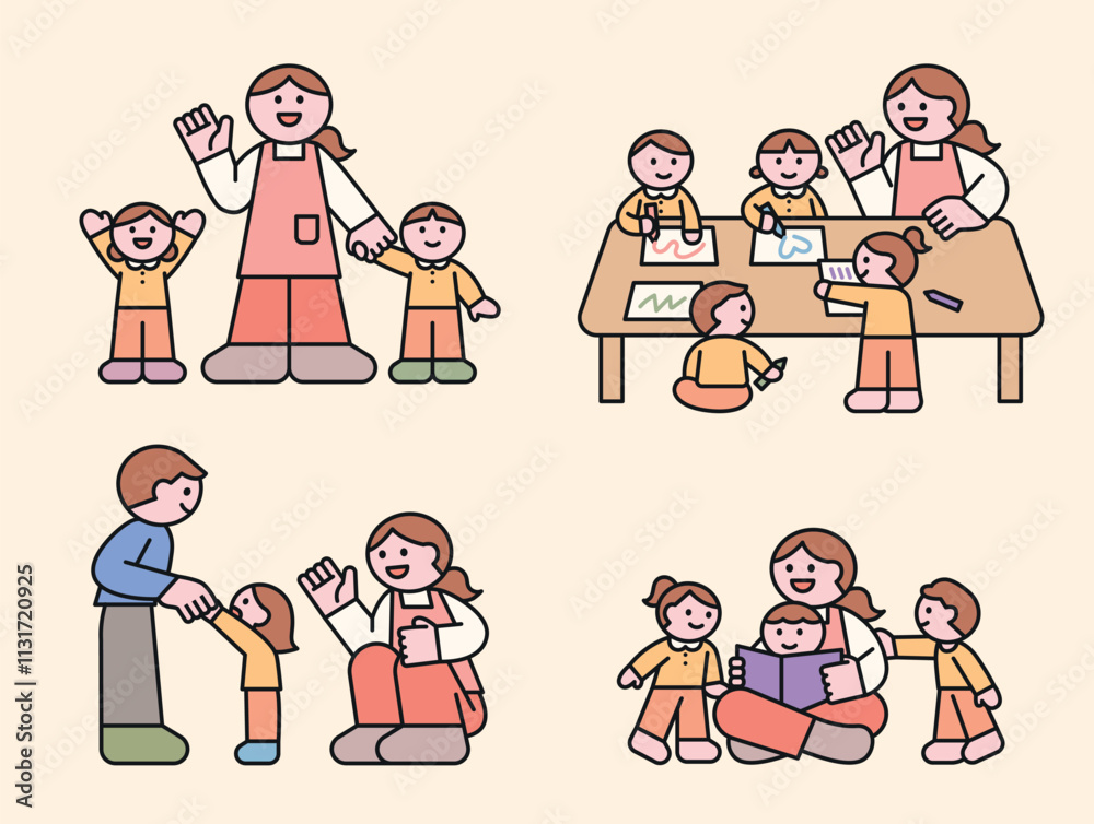 custom made wallpaper toronto digitalCute children and teachers at the daycare center. They are drawing pictures and reading books together and having fun learning. Cuttiny character with outline.