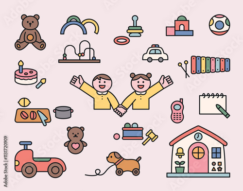 A collection of cute boy and girl characters and lots of toys icons for daycare centers. Cuttiny character with outline.