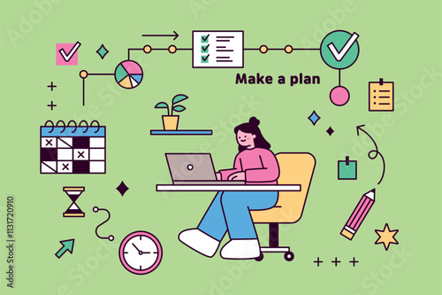 A person sits at a desk making New Year's resolutions. Icons of plans are organized around her. outline simple vector illustration.