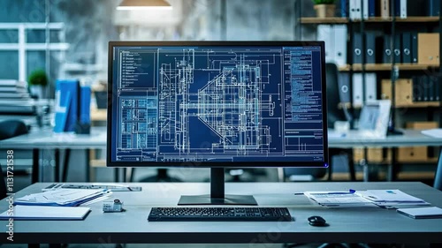 Modern Computer Display with Architectural Blueprint in Office