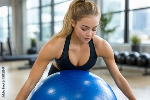 A professional demonstrating a core exercise on a stability ball, surrounded by neatly stored Pilates equipment in a bright room