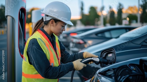 Female technician in safety vest and hardhat connects electric vehicle to charging station.