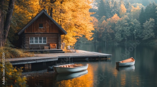 Autumn cabin on a serene lake.  photo